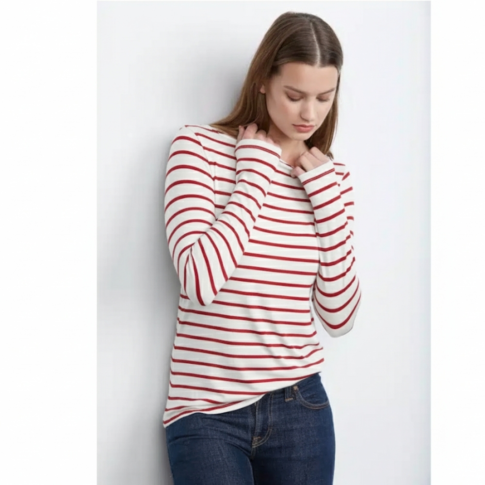 Amour Vert Francoise Red and Cream Breton Striped Long Sleeve Top (XL)